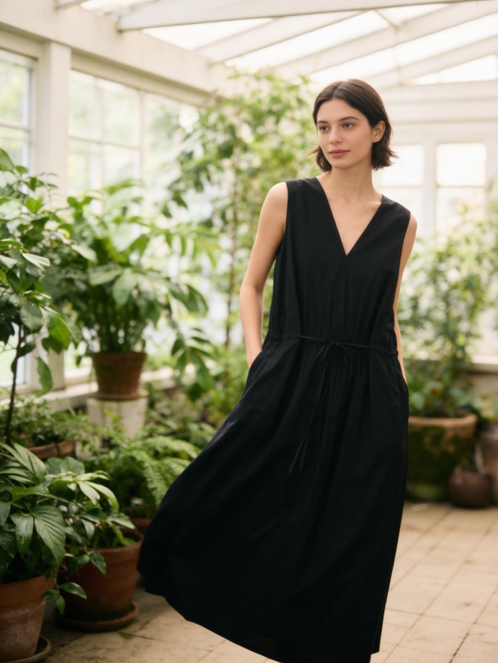 Vince Black Sleeveless Linen Blend Maxi Dress XL Drawstring Waist Pockets